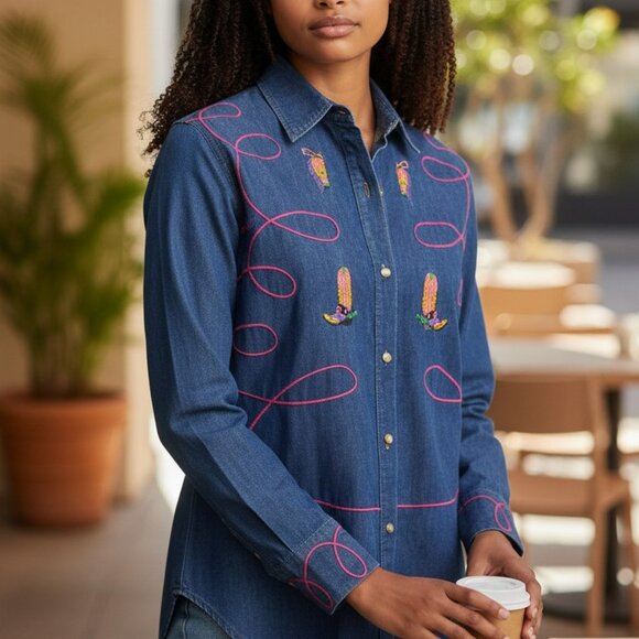 S.H.E. Tops - S.H.E. For Austin Collection Embroidered Denim Western Shirt Women's Small Rodeo
